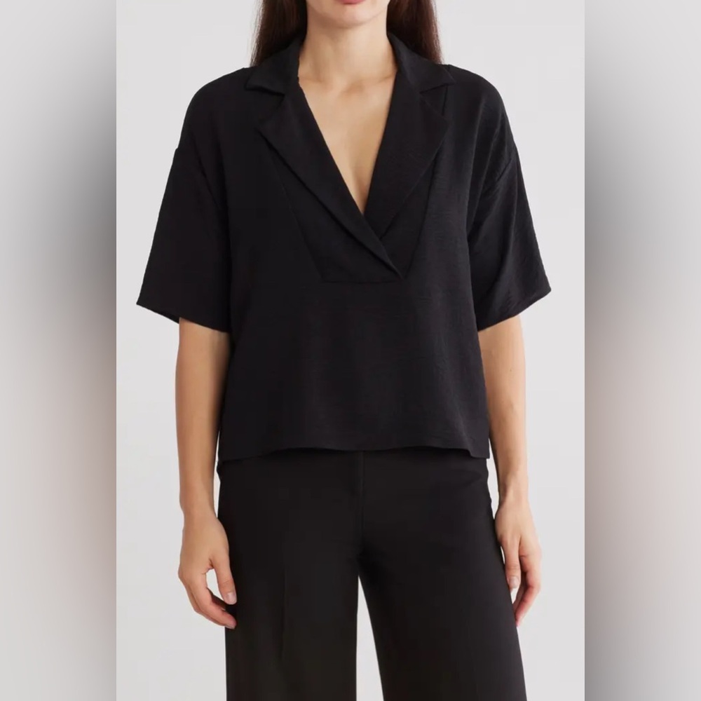 Renee C. Black V-Neck Oversized  Short Sleeve Popover Top